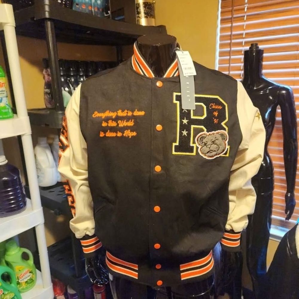 Black and Cream Smoke Rise Varsity Jacket with Orange Accents